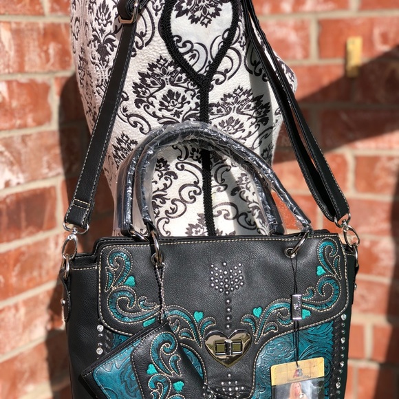 American Bling Handbag+ Wallet Black Blue - Picture 8 of 8